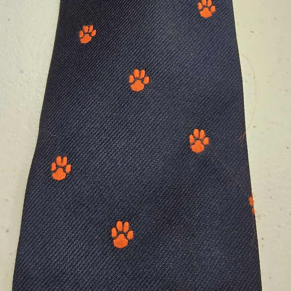 Vintage Mitford Clemson Tigers Neck Tie Orange Paw Print Navy Blue Classic